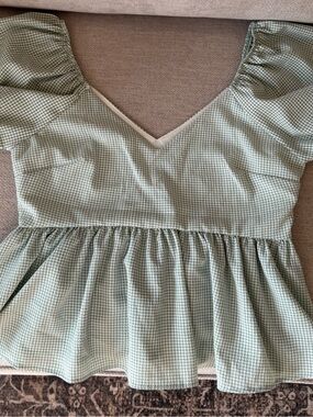 Altar'd State Sage Gingham Peplum V-Neck Puff Sleeve Top